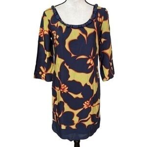 Ann Taylor LOFT Floral Shift Dress Green Blue size 0 Cotton Blend